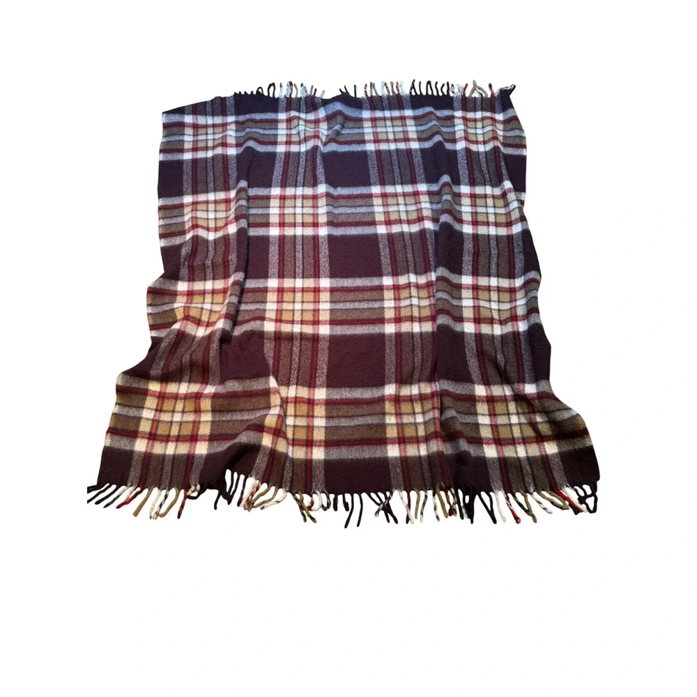 Faribault Woolen‎ Mill Faribo Plaid Blanket scarf Burgundy Tan Fringe USA Made